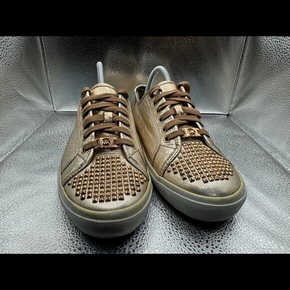 RARE 🚀 MICHAEL KORS ROSE GOLD STUDDED SHINY SNEAKERS Size 9 - Picture 3 of 11